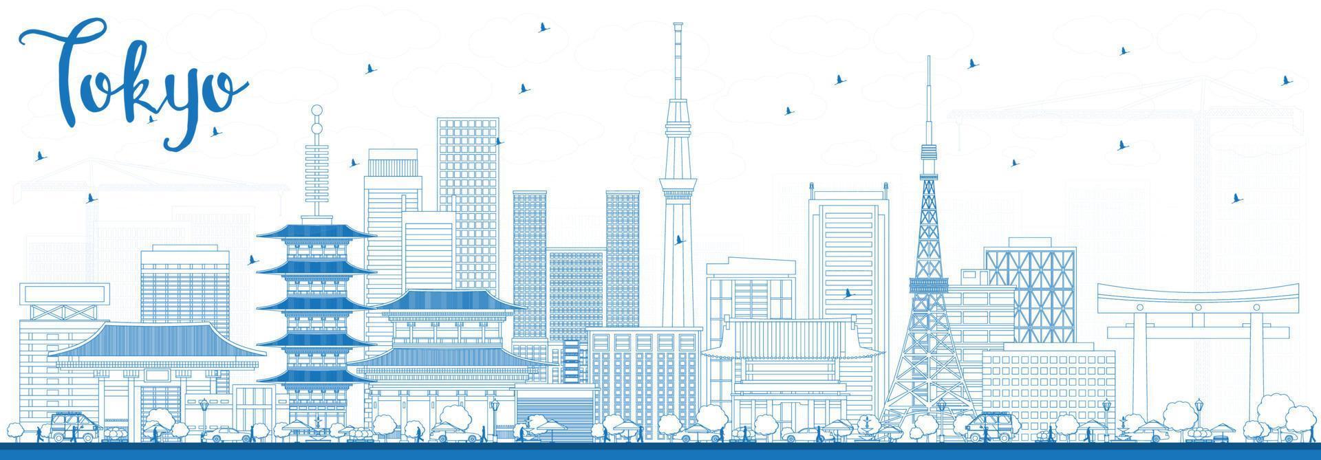 Outline Tokyo Skyline with Blue Buildings. vector