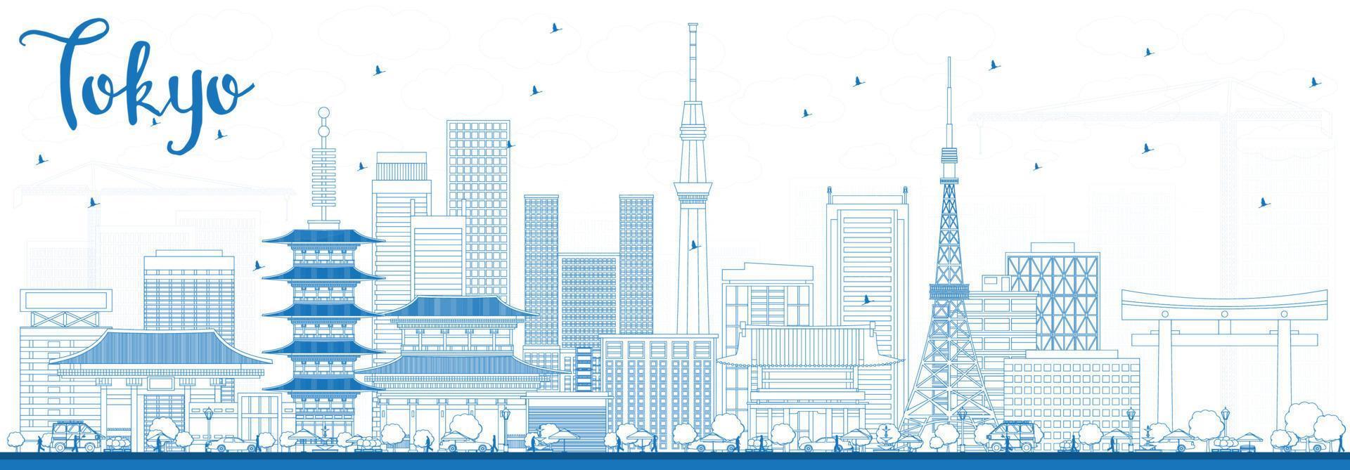 esboza el horizonte de tokio con edificios azules. vector