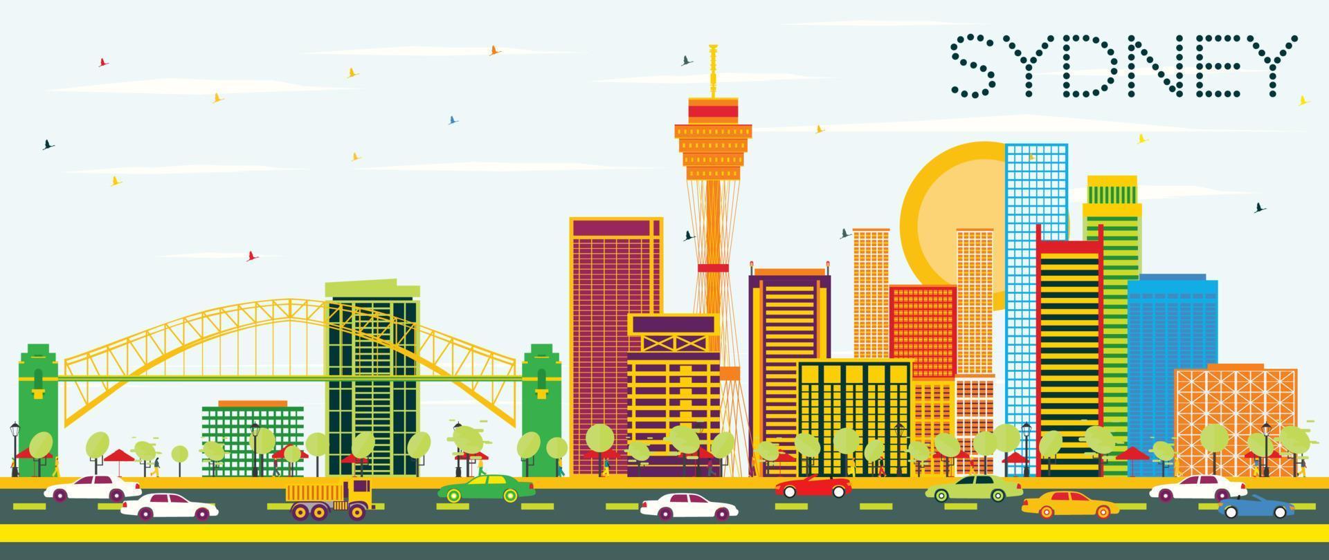 Sydney Skyline with Color Buildings and Blue Sky. vector