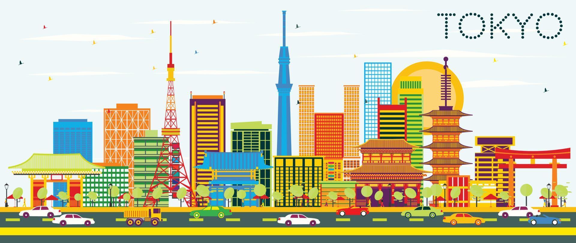 Tokyo Skyline with Color Buildings and Blue Sky. vector