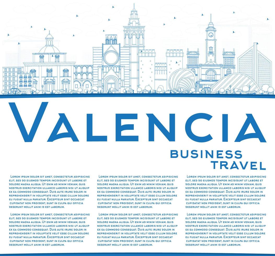 Outline Valencia Skyline with Blue Buildings and Copy Space. vector