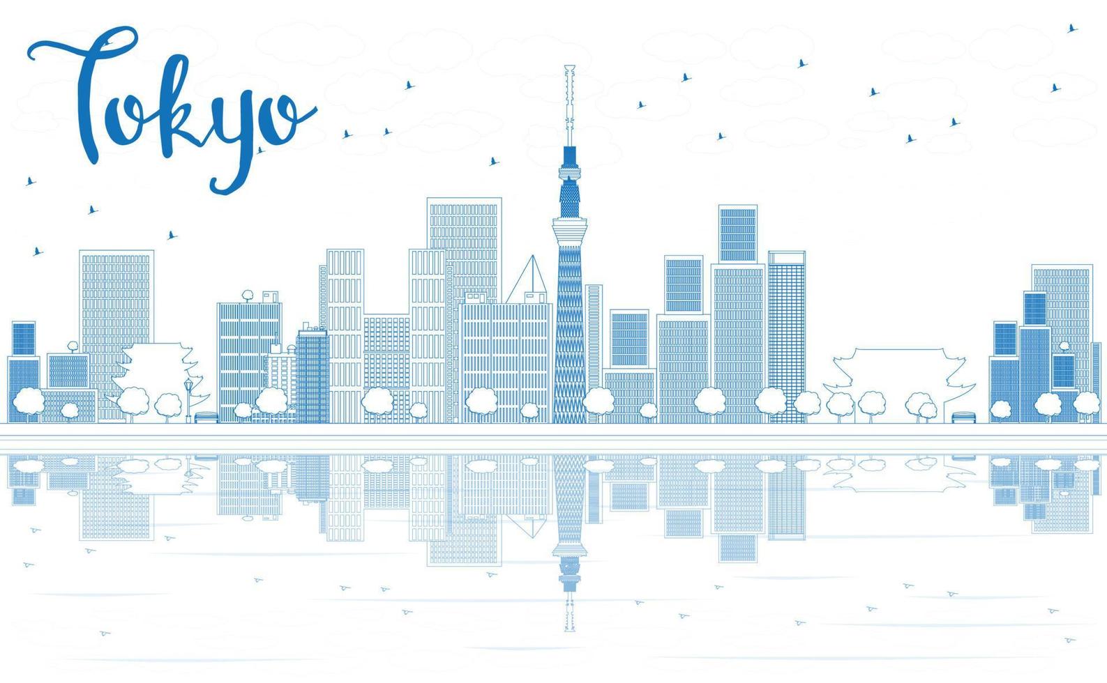 Outline Tokyo skyline with skyscrapers and Reflection. vector