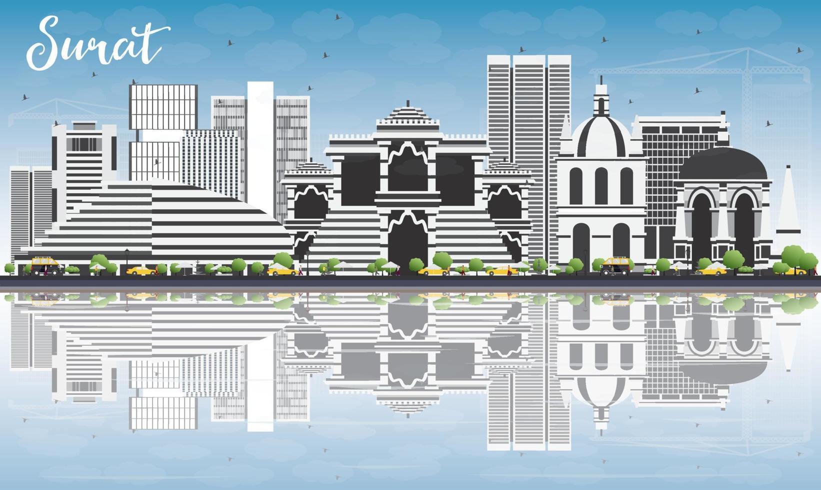 Surat Skyline with Gray Buildings, Blue Sky and Reflections. vector