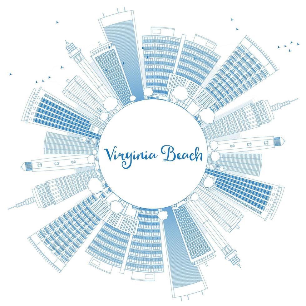 Outline Virginia Beach Virginia Skyline with Blue Buildings. vector