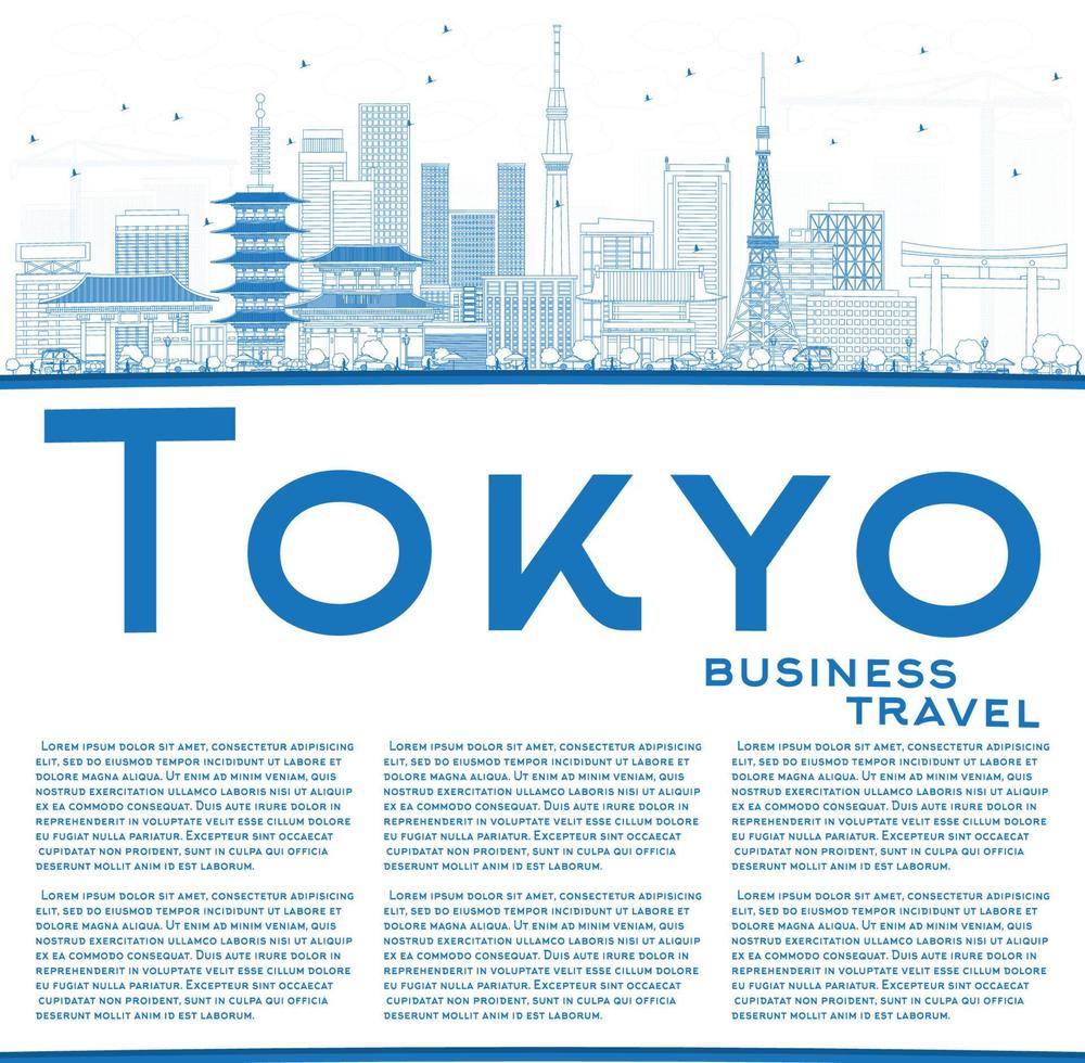 Outline Tokyo Skyline with Blue Buildings and Copy Space. vector