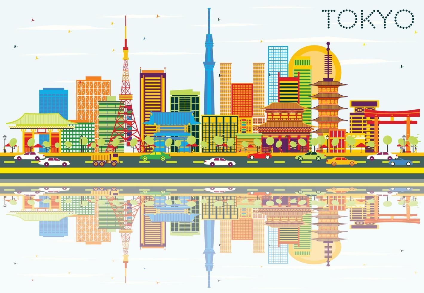 horizonte de tokio con edificios de color, cielo azul y reflejos. vector