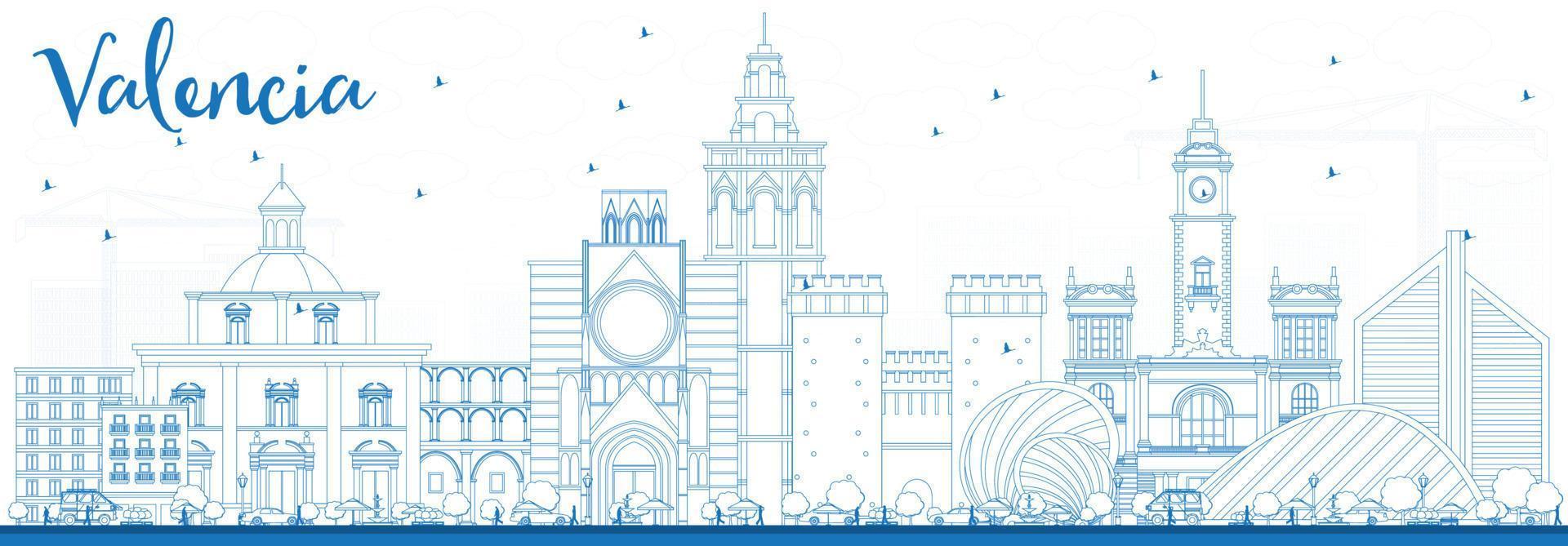 Outline Valencia Skyline with Blue Buildings. vector