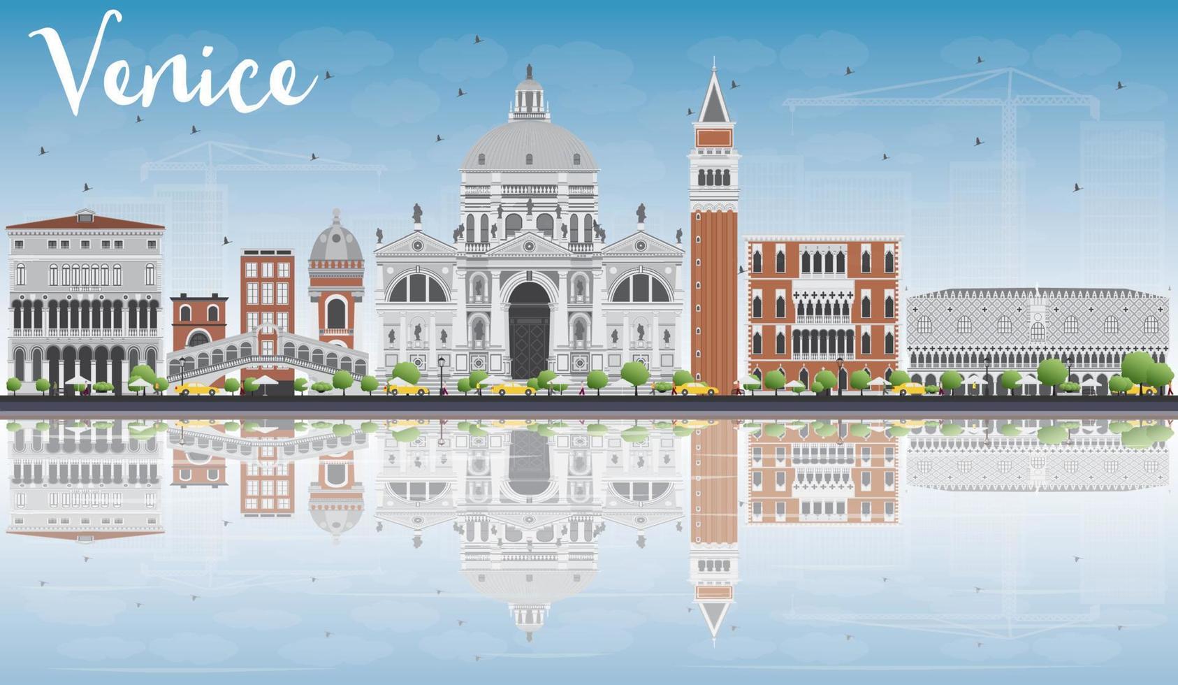 Venice Skyline Silhouette with Gray Buildings and Reflections. vector