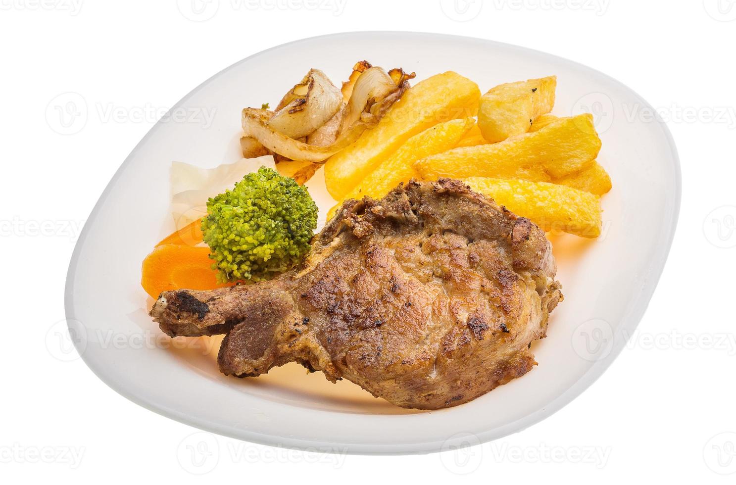 T-bone steak on the plate and white background photo