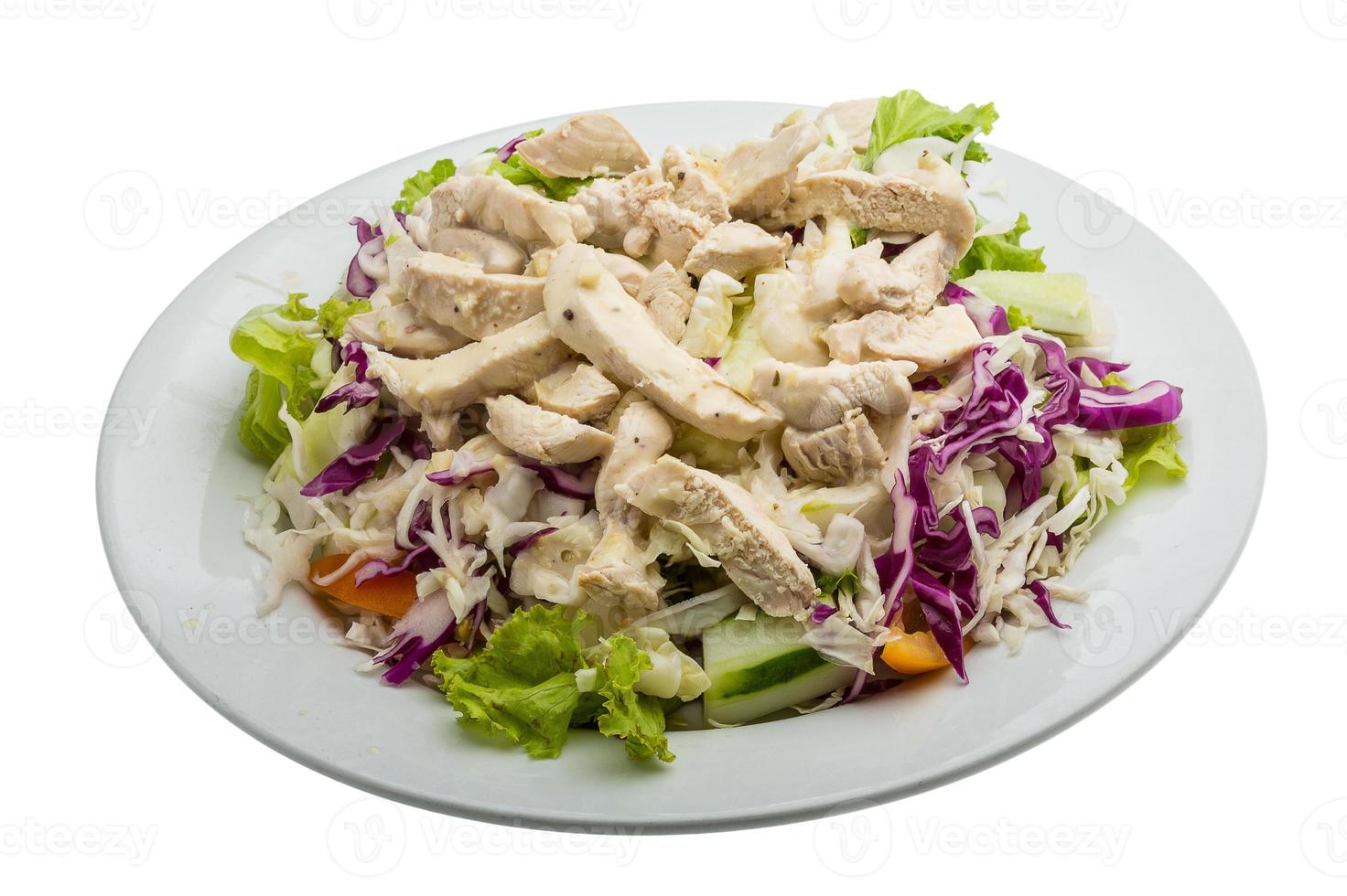 Chicken salad on the plate and white background photo
