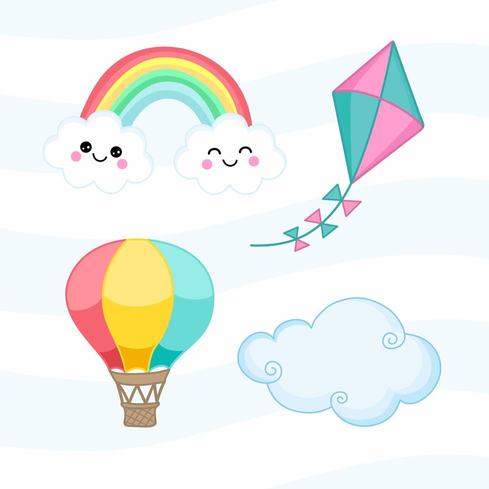 Cute cartoon of kite balloon rainbow cloud vector