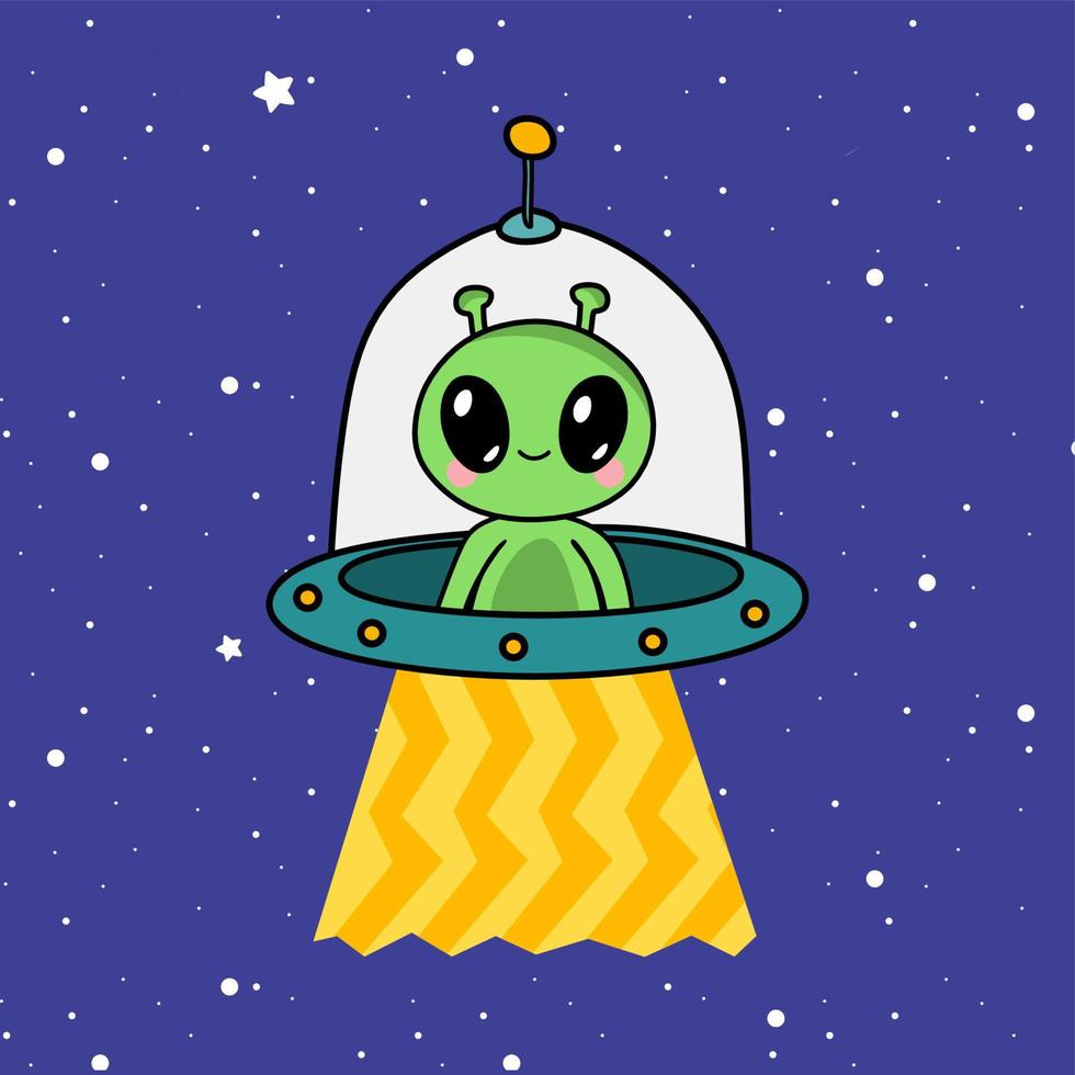 Cute alien flying with spaceship ufo vector