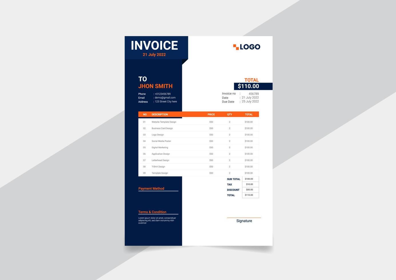 Professional business invoice template. Invoice for your company, business. Print ready invoice template Pro Vector
