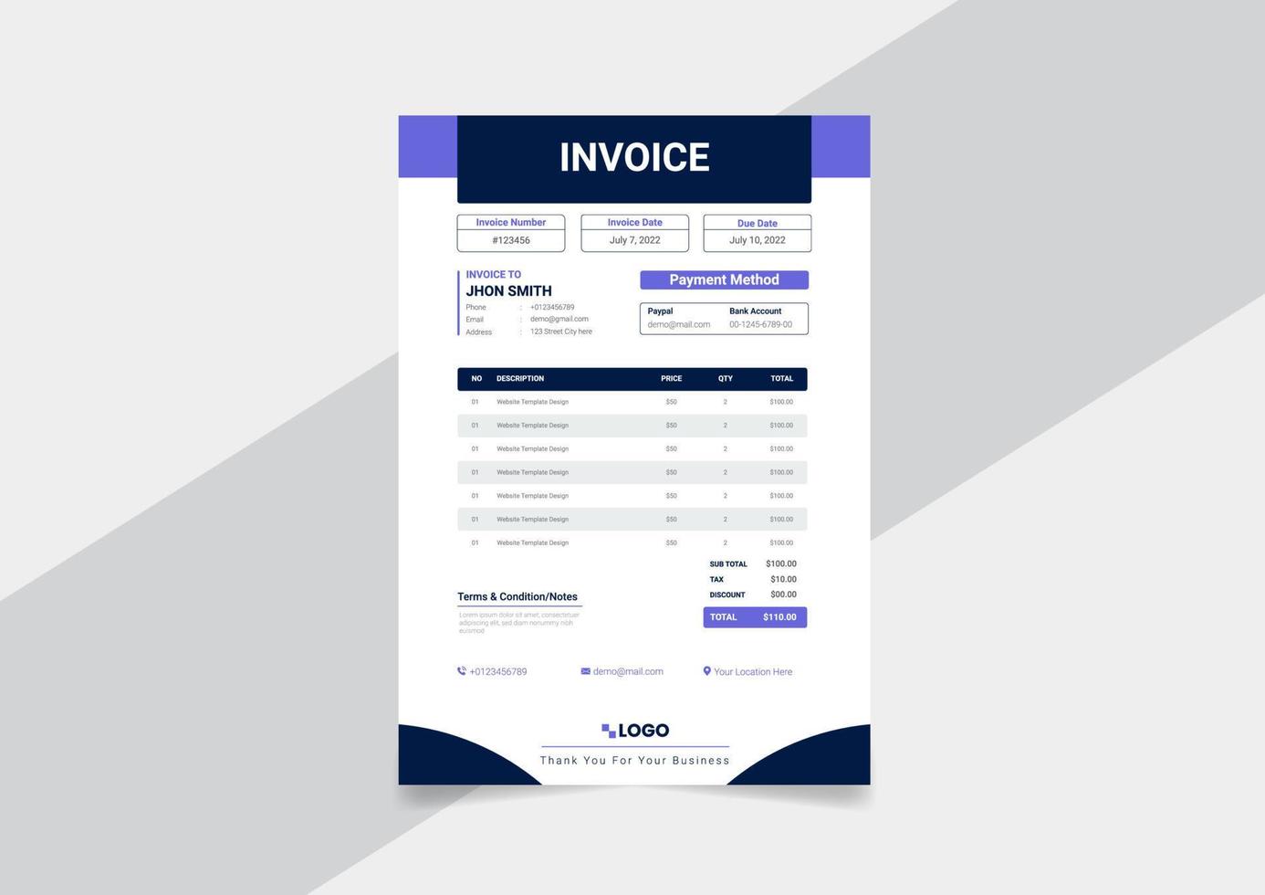 Professional business invoice template. Invoice for your company, business. Print ready invoice template Pro Vector