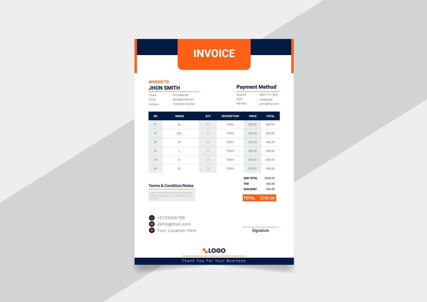 Professional business invoice template. Invoice for your company, business. Print ready invoice template Pro Vector