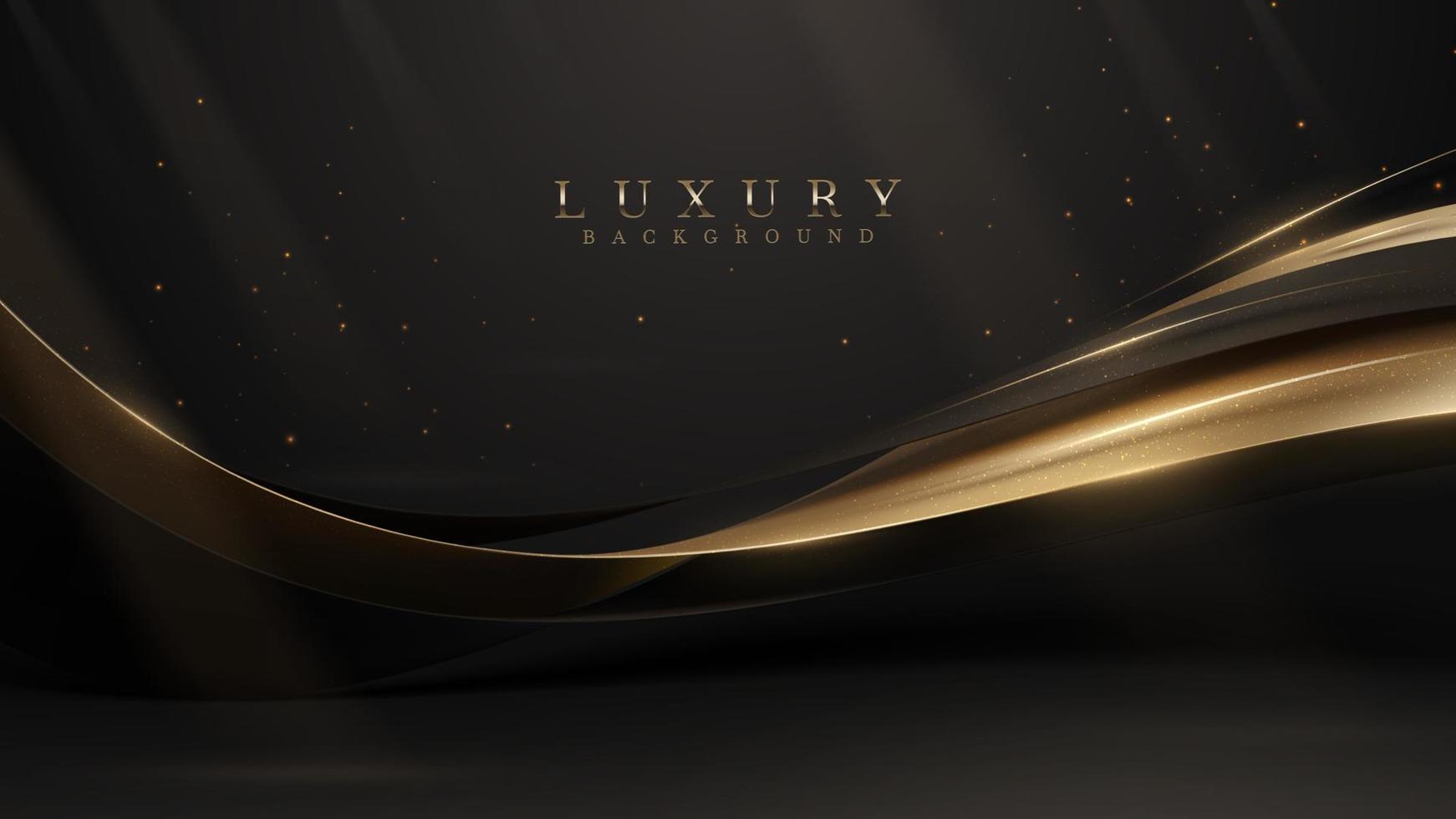 Black luxury background with golden ribbon elements and glitter light effect decoration and stars. vector
