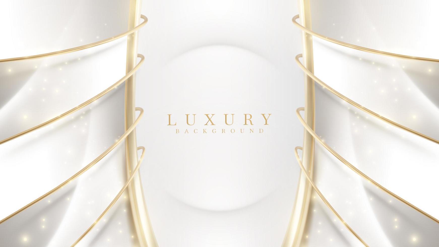 Realistic luxury white background with 3d golden curve lines element and glitter light effect decoration and bokeh. vector