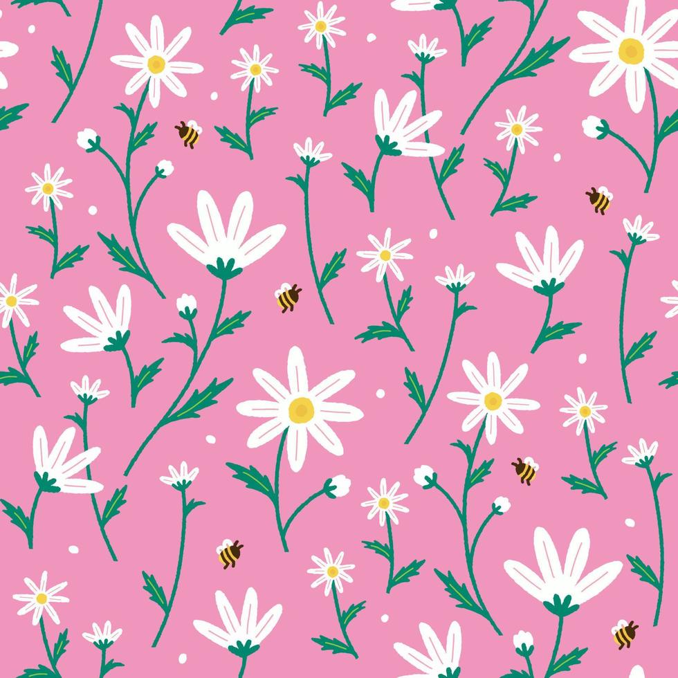 Cute Daisy Flower on Field Bee Spring Summer White Pink Wedding Invitation Card Postcard Square Seamless Pattern Vector Illustration Print Fabric Texture Textile Background Paper, Cover, Fabric, Decor