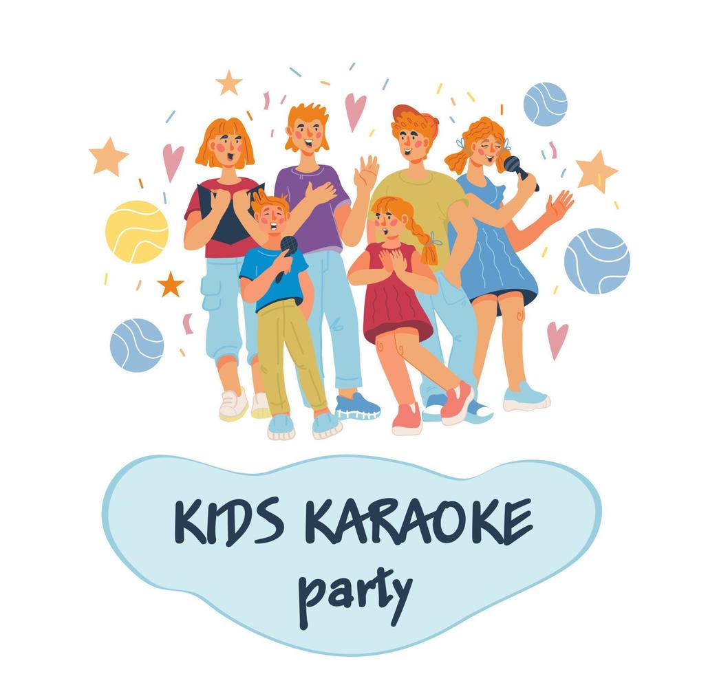 Kids karaoke party banner or poster template with singing children. Music and vocal performance or competition. Childrens musical education. Flat vector illustration.