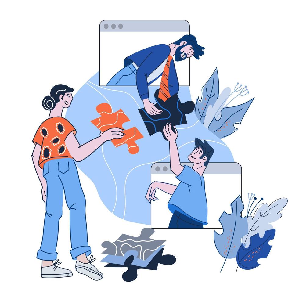 Business team cooperation and collaboration concept with people cartoon characters. Metaphor of partnership and efficient teamwork with jigsaw puzzle. Flat cartoon vector illustration isolated.