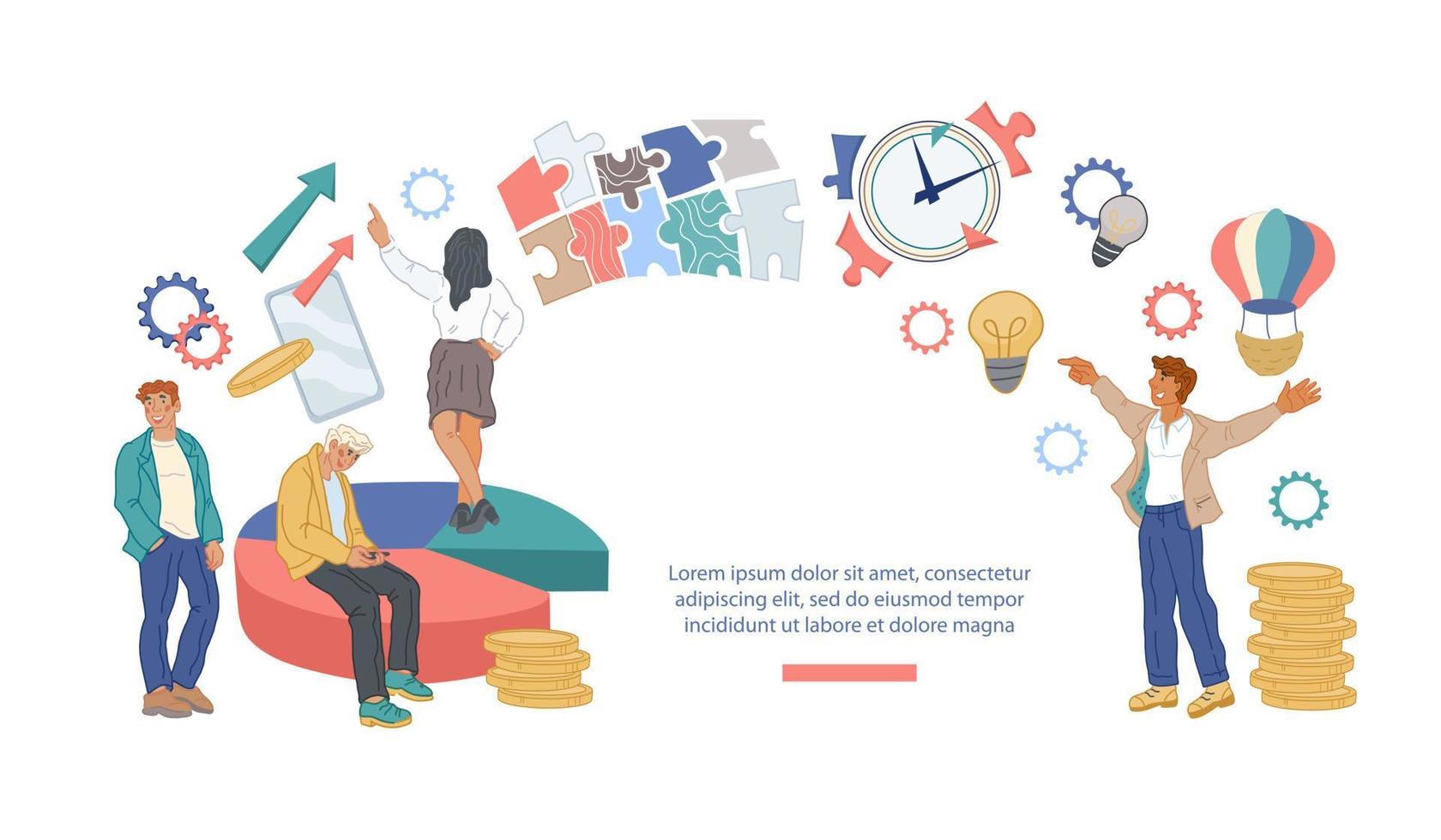 banner del sitio web de gestión y organización del flujo de trabajo con el equipo de personas de negocios. proceso de trabajo en equipo y respeto de los plazos. Jornada laboral eficiente y planificación eficaz del tiempo. ilustración vectorial aislada. vector