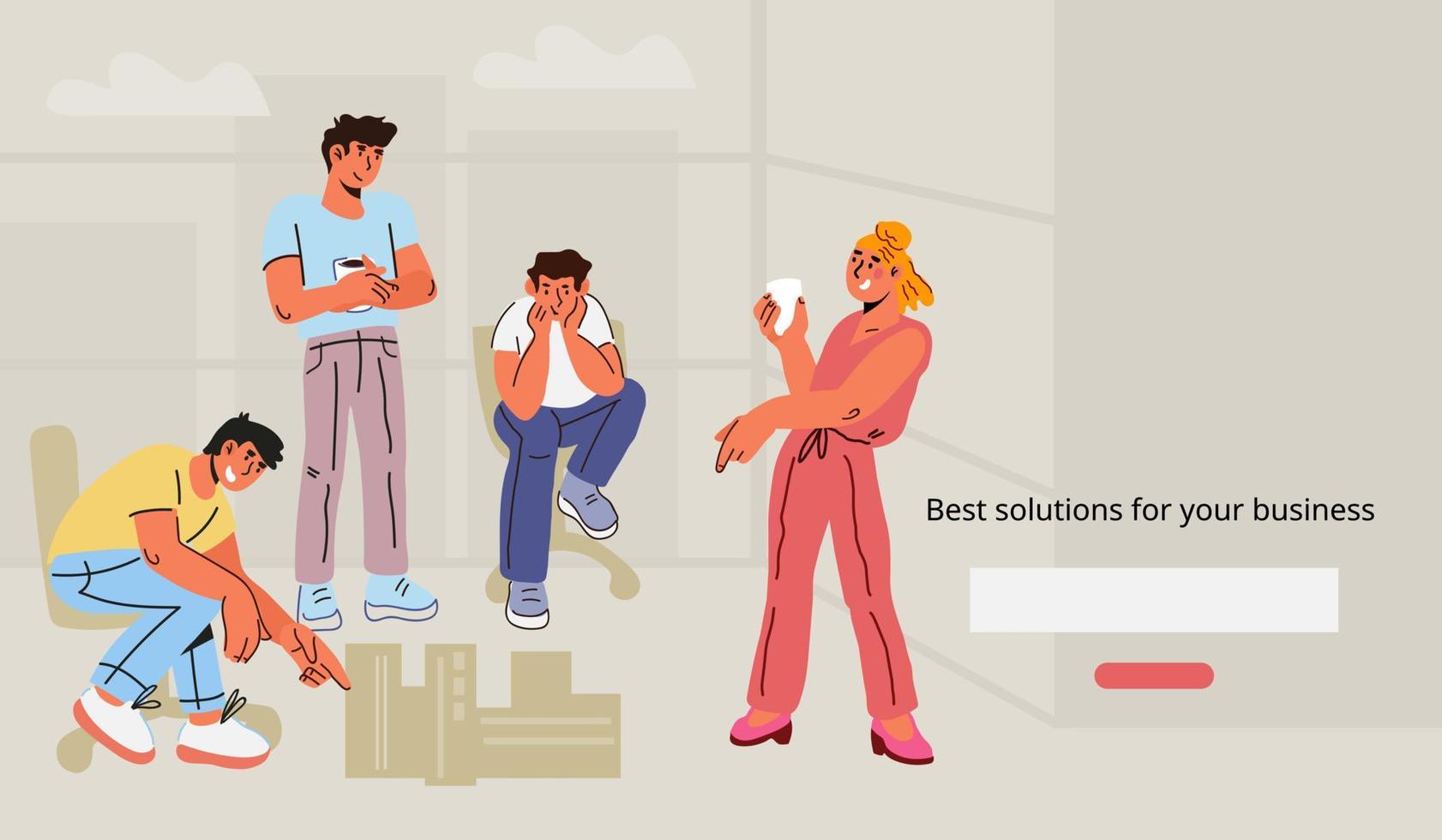 Solution for business website banner template with team on brainstorming meeting for finding business solution and company development strategy creation. Flat vector illustration.