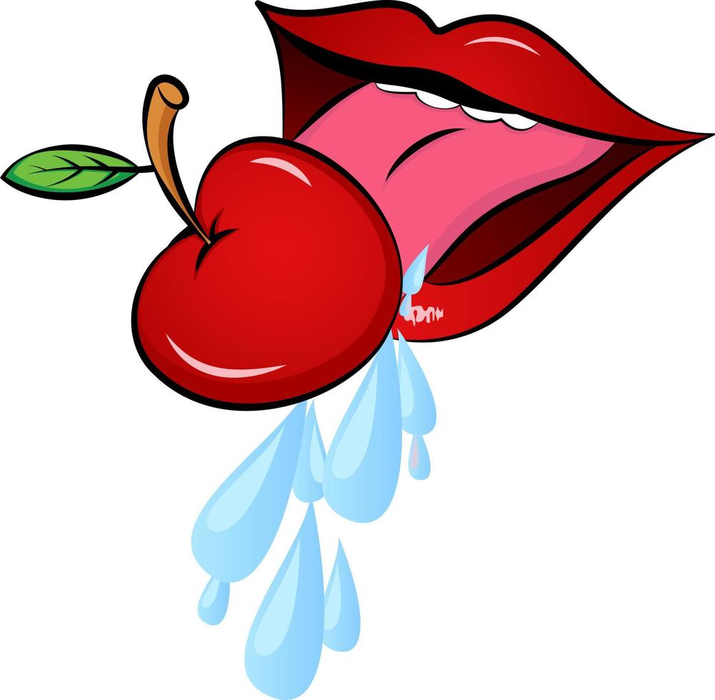 Eating Apple, Red Female Lips- Teasing Tongue, Tongue Vector Illustration