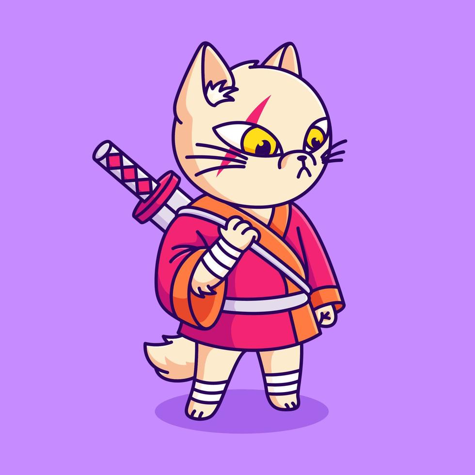 lindo gato ninja con ilustración de dibujos animados de espada. diseño de gato samurái vector