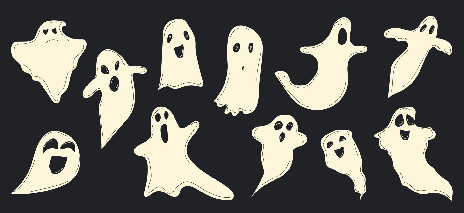 fantasma de halloween de dibujos animados, espíritu espeluznante fantasma y fantasmas misteriosos. espeluznantes fantasmas fantasmas voladores conjunto de ilustraciones de símbolos vectoriales. vector