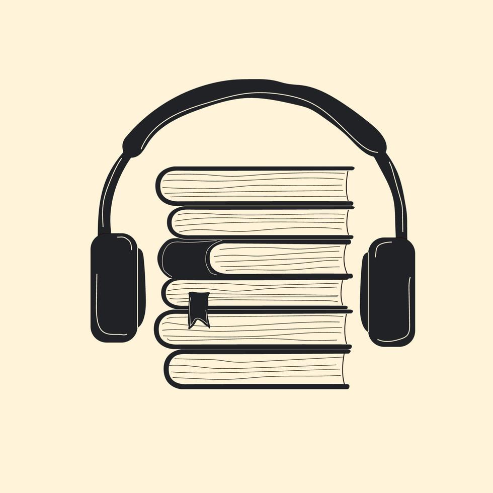 libros de audio con ilustración de vector de concepto de auriculares, auriculares de dibujos animados planos con pila de libros, idea de podcast o aprendizaje electrónico