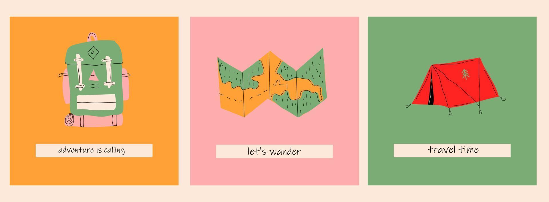 colorido juego de camping de tres ilustraciones vectoriales dibujadas a mano vector