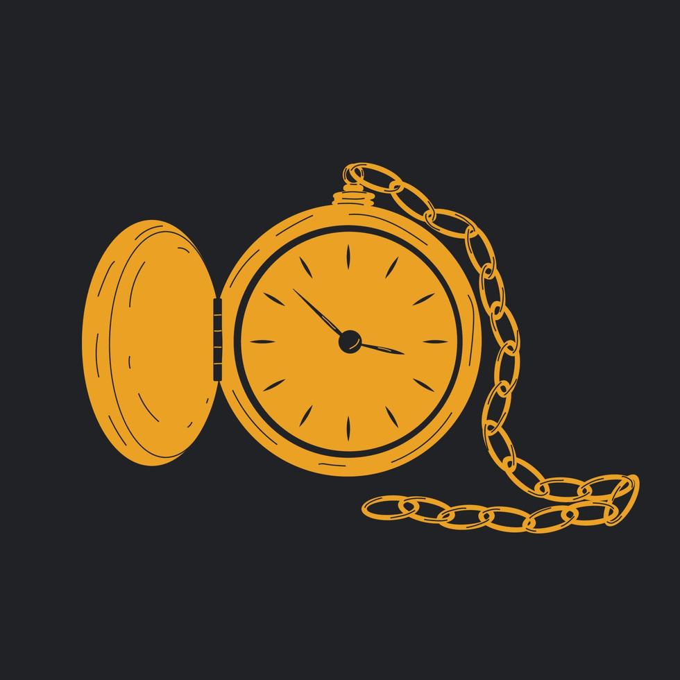 Golden Antique pocket watch vector in cartoon style. All elements are isolated