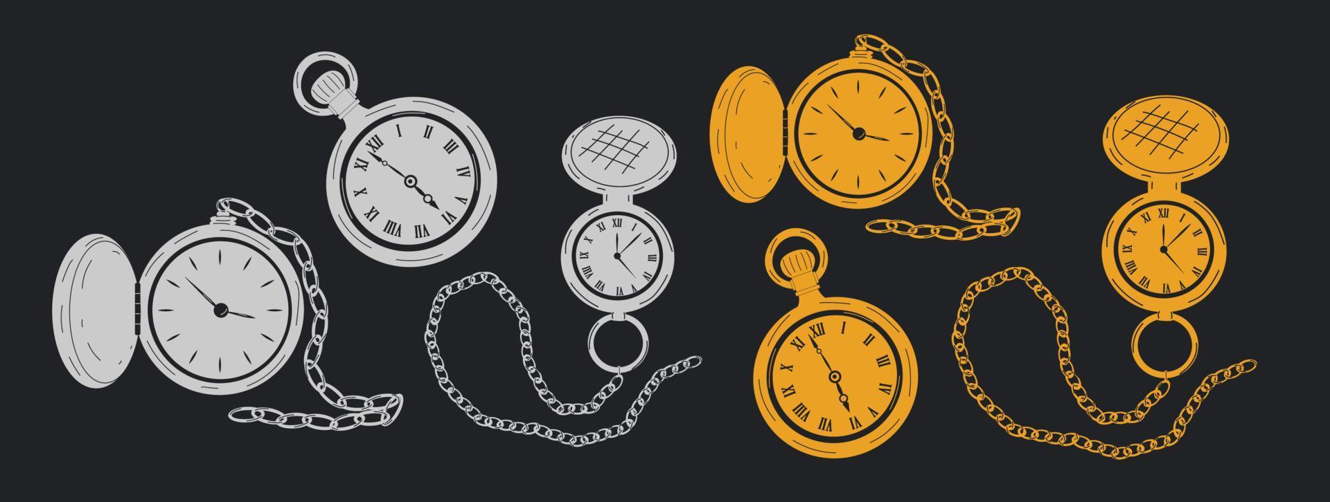 Set of pocket watches in silver and gold. Vector in cartoon style. All elements are isolated