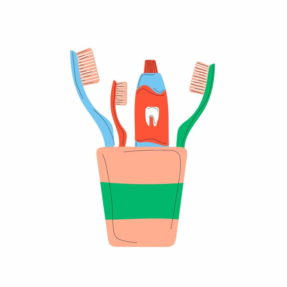 Icon with adult and child toothbrushes, toothpaste in a glass with shade, isolated in a flat illustration. vector