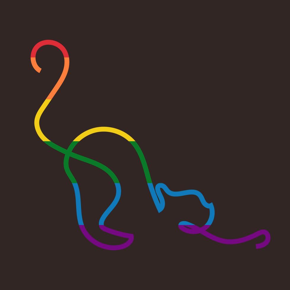 One line drawing cat in the color of the rainbow, the LGBT flag.Poster, Vector on a dark background. All elements are isolated