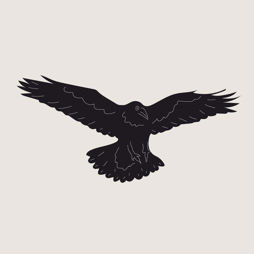 Black Raven or Crow bird. Side view. Cartoon style, flat design. Halloween, horror concept. Hand drawn trendy isolated Vector illustration. Logo, print, design template