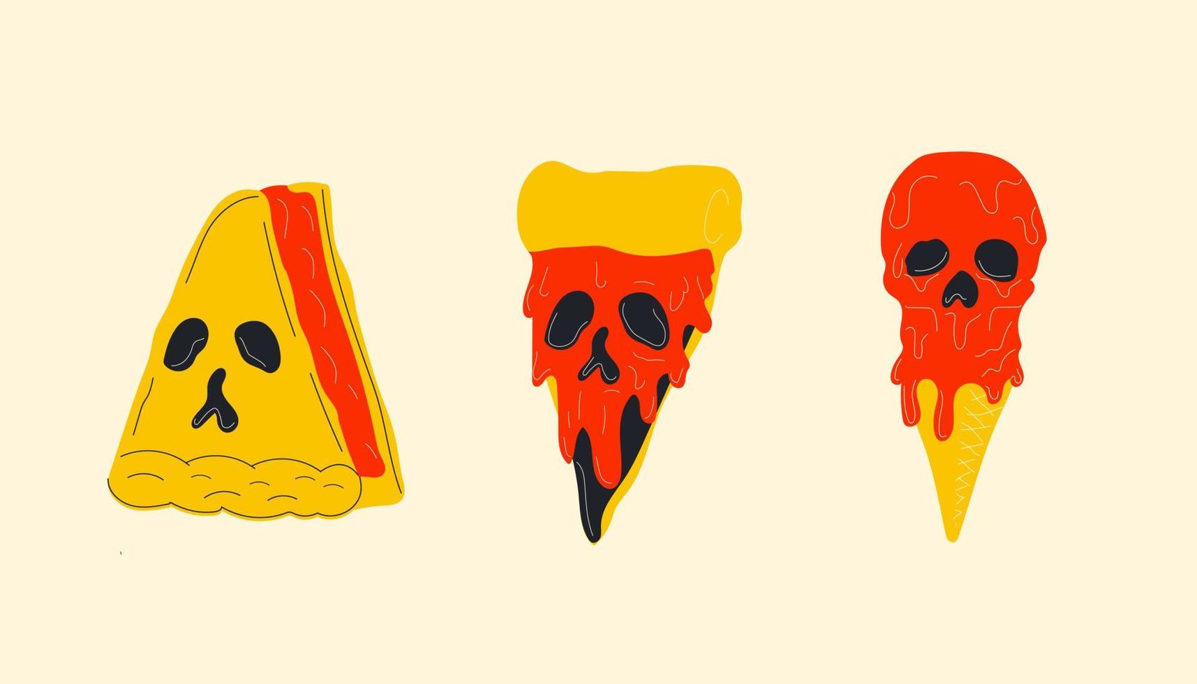 comida con cara de carabina para el día de halloween. pizza, helado, cake.ector en estilo de dibujos animados. todos los elementos están aislados vector