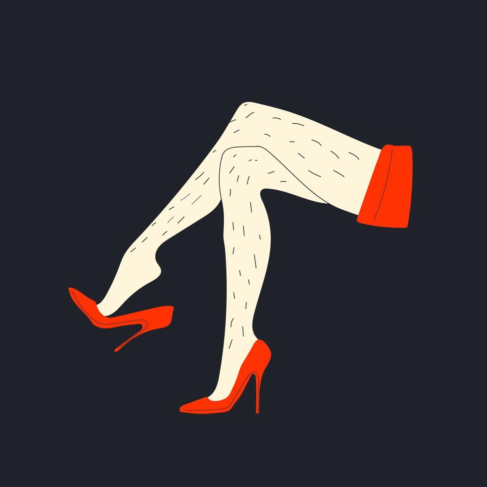 piernas peludas sin afeitar femeninas en tacones rojos. antes de la depilación del cabello. cuidado de la piel, mujer ama tu cuerpo. autoaceptación, diversidad de belleza, cuerpo positivo. dibujado a mano ilustración de moda plana plana vector