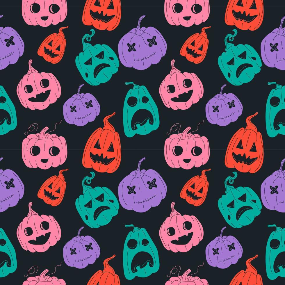 calabazas de halloween de patrones sin fisuras, caras divertidas en color .vector en estilo de dibujos animados. vector