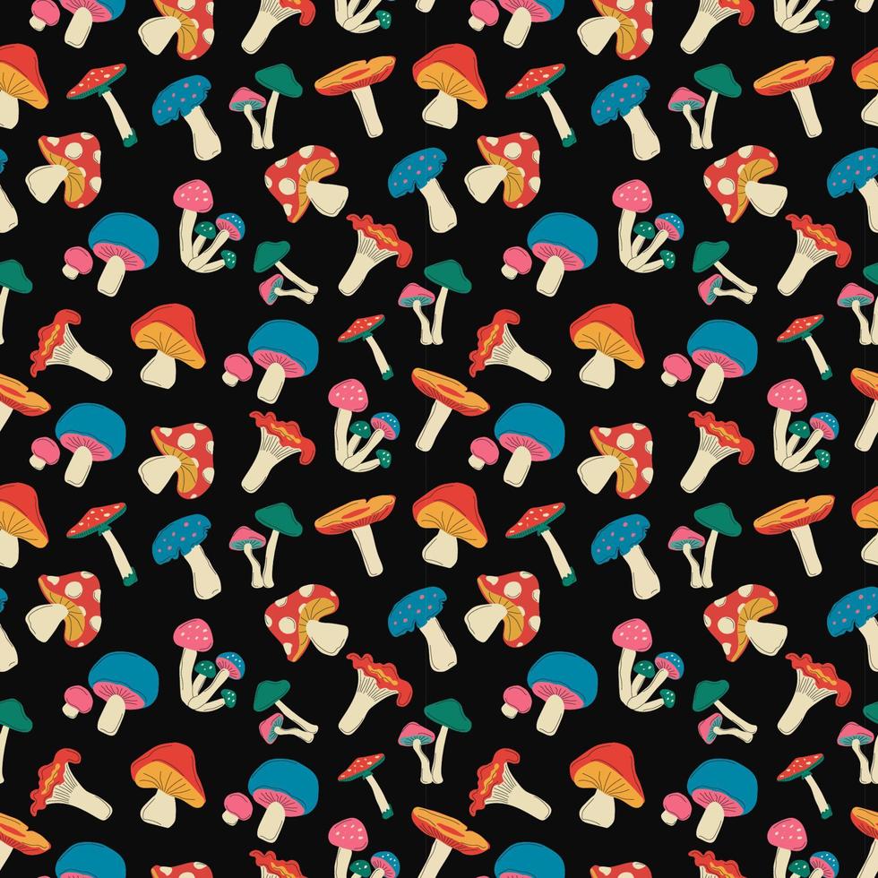 Wild mushrooms seamless colorful hand drawn pattern background. vector
