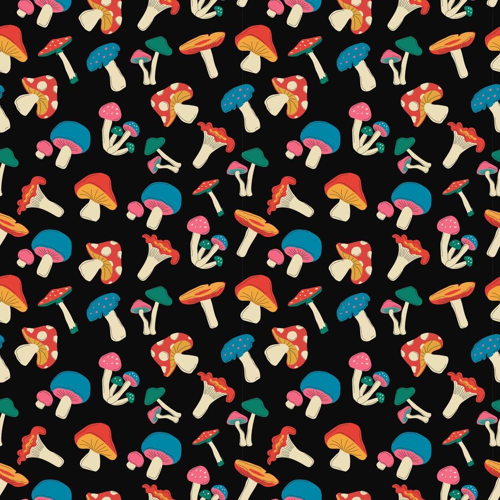 Wild mushrooms seamless colorful hand drawn pattern background. vector