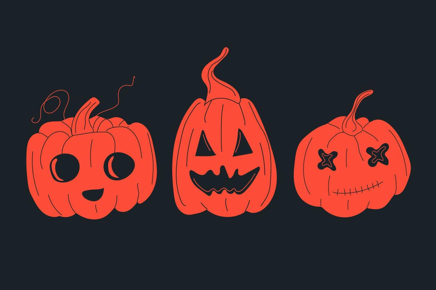 un conjunto de tres calabazas de halloween, caras graciosas.vector ambientado en estilo de dibujos animados. todos los elementos están aislados vector