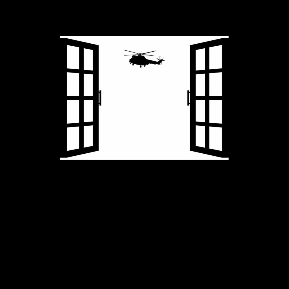 Silhouette of the Helicopter Attack, Military Vehicles on the Window. Vector Illustration