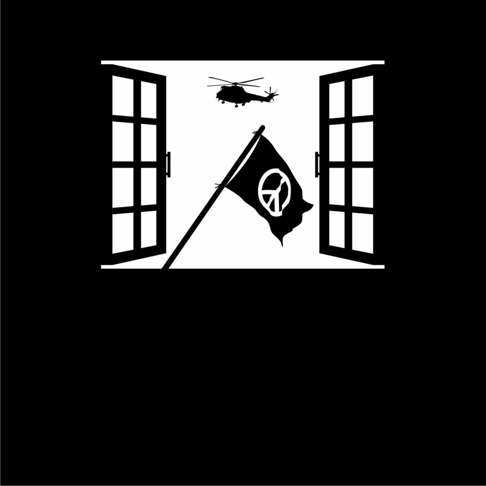 Silhouette of the Helicopter Attack, Military Vehicles, and Peace Flag on the Window. The symbolism of the Peace, Stop War, No War or War is Over. Vector Illustration