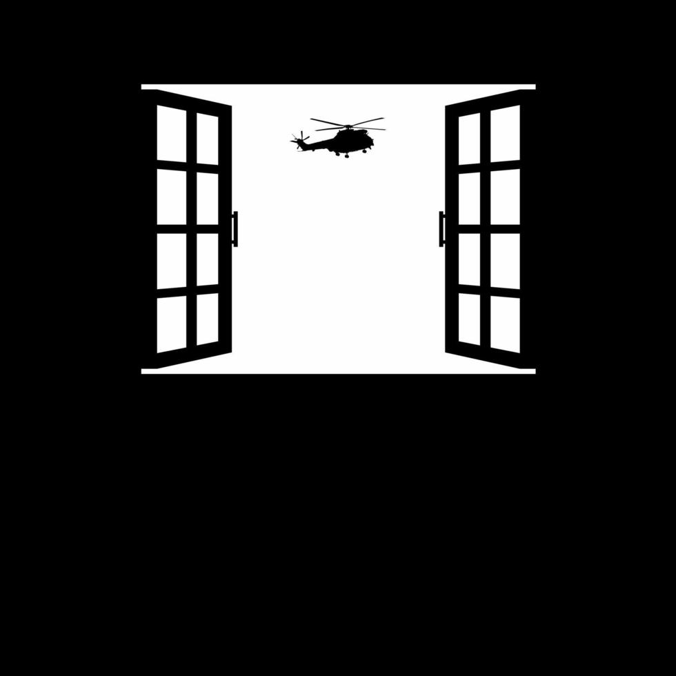 Silhouette of the Helicopter Attack, Military Vehicles on the Window. Vector Illustration