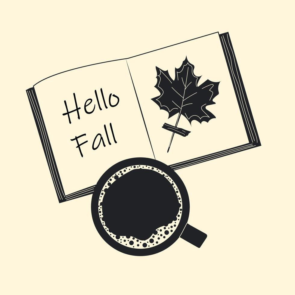 An open book with the inscription hello fall. A cup of tea or coffee on an isolated orange background. Autumn atmosphere for reading books. Modern flat cartoon style. vector