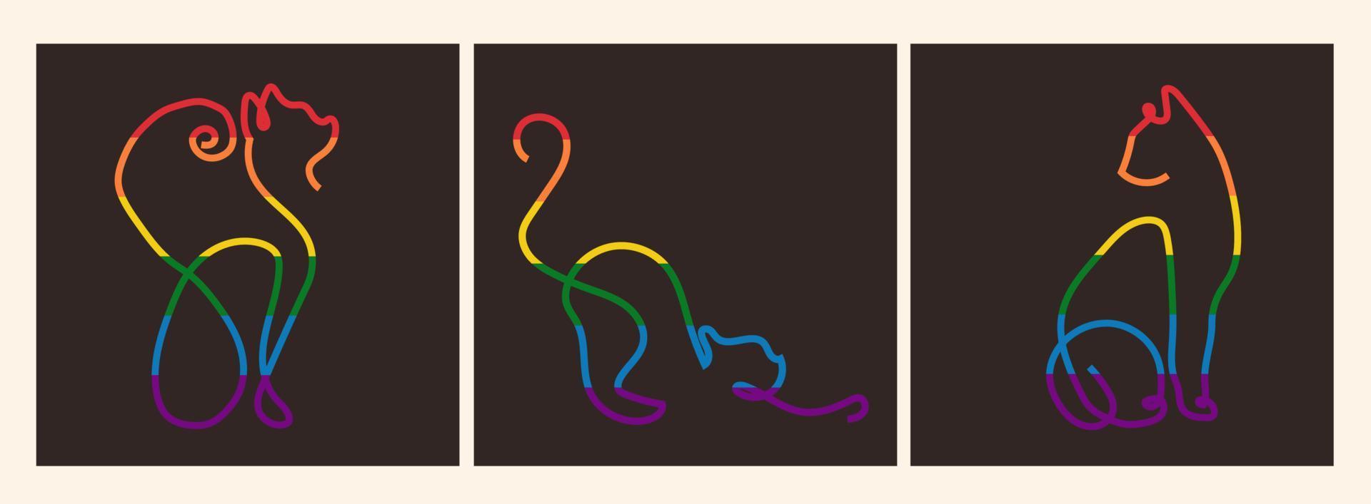 One line drawing cat in the color of the rainbow, the LGBT flag.Poster, Vector on a dark background. All elements are isolated