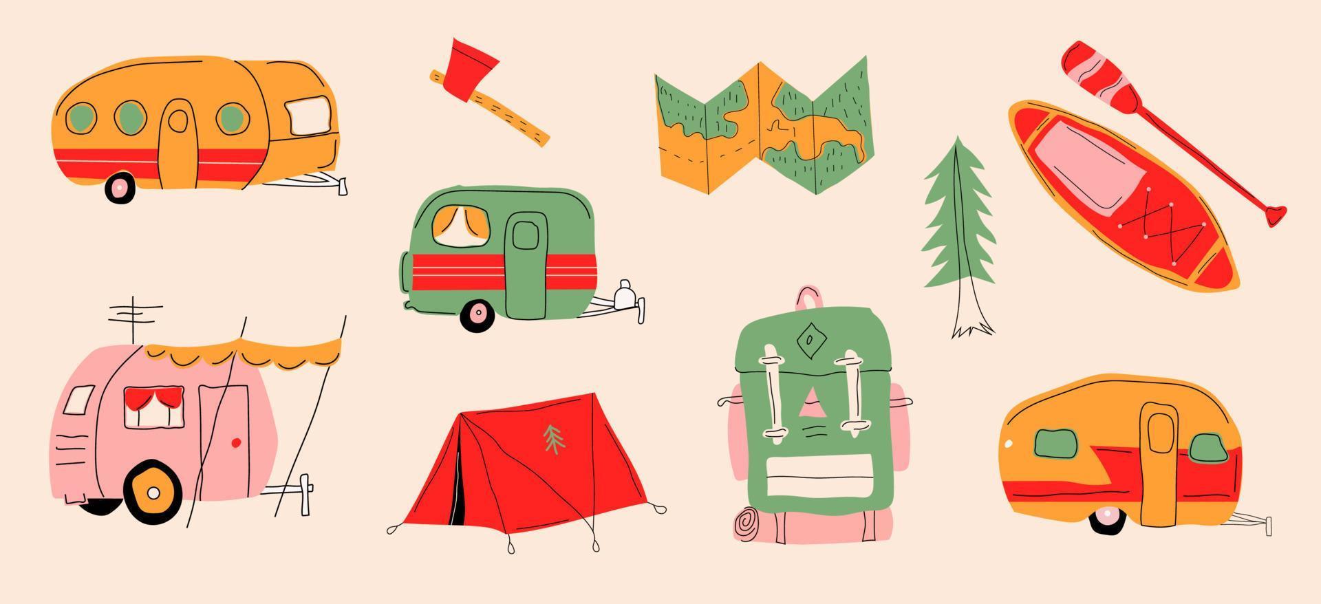 conjunto vectorial de símbolos, iconos y elementos del equipo de camping. colección de senderismo de verano con carpa, bolsa, remolque, mapa, savia, hacha, mochila vector