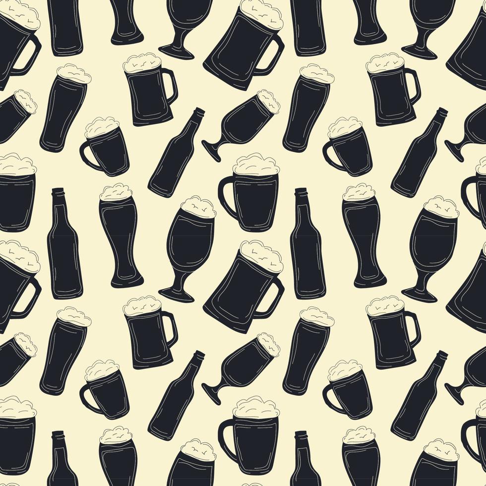 Square seamless Pattern. Beer bottle or glass, mugs retro doodle. Oktoberfest engraving. vector