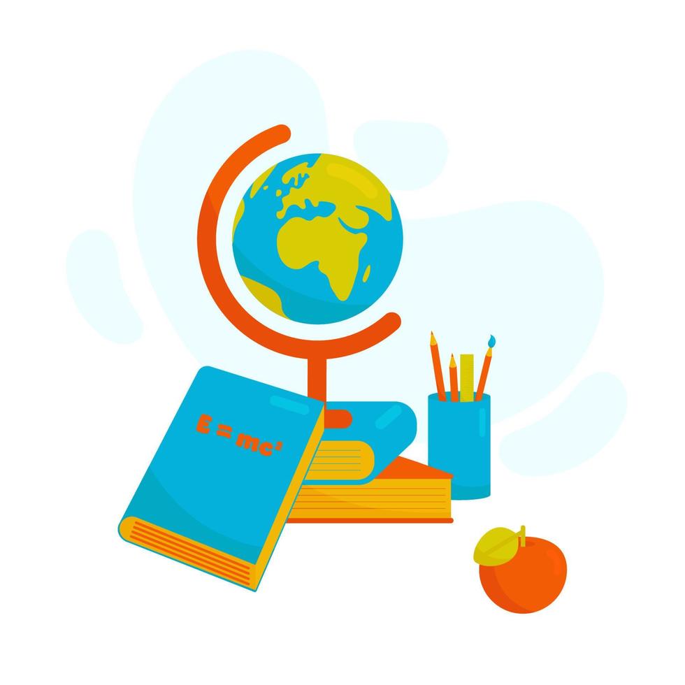 Bright Vector Illustration With School Equipment- Books, Globe, Cup With Pencils, Brush and Ruler, Apple on the Abstract Spot Background. Perfect for Web Banners, Social Media, Printed Materials, etc.